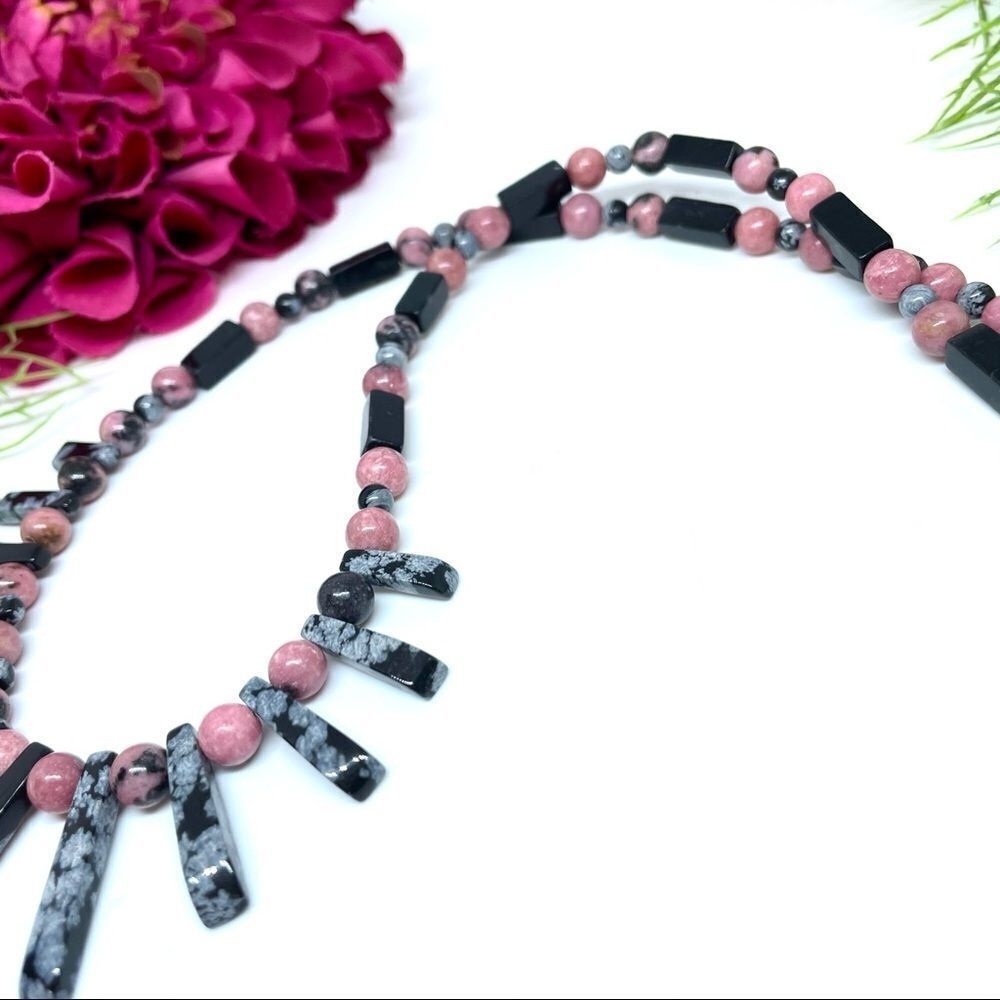 ⚜️RHODONITE SNOWFLAKE OBSIDIAN & ONYX Art Deco Stone Necklace - Picture 7 of 16